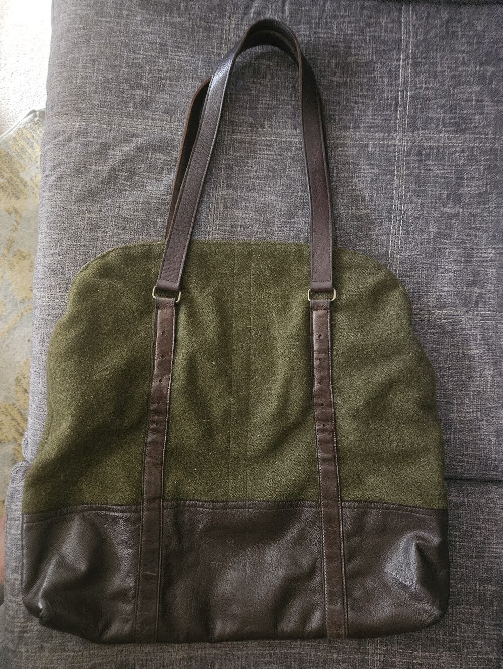Vintage High Quality Olive Green Wool Felt and Brown Leather Tote Bag